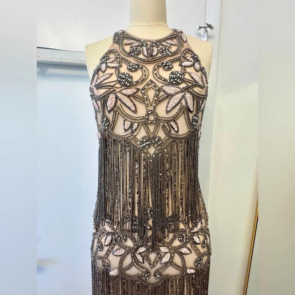 Heavily Beaded Halter Gown – Open Back Sheer Fringe Maxi Dress Glam Formal - Picture 3 of 12